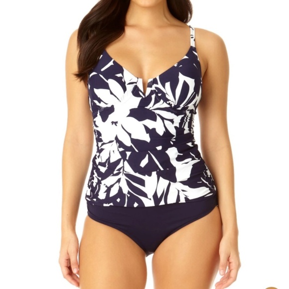 NEW Anne Cole V-Wire Tankini Swim Top XL Navy Blue White Coastal Palms Print - Picture 1 of 10